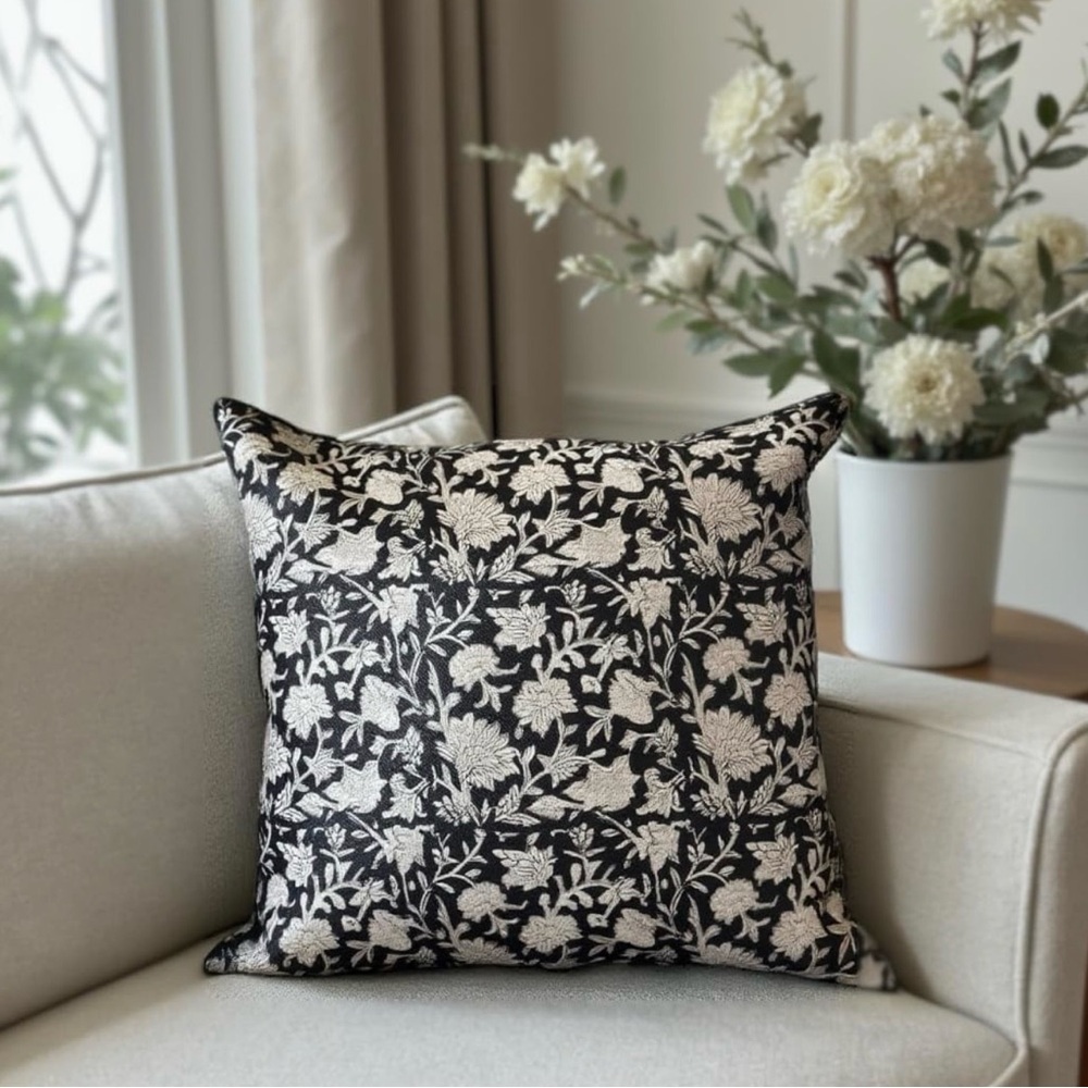 Set of 2 Vintage Floral Throw Pillow Covers – Black, Double-Sided, 14”x14”